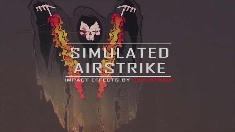 Title card: Simulated Airstrike, impact effects by Explotrain